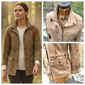 LL Bean Utility Jacket Women Canvas Military Khaki Mock Neck Gorpcore Sz Medium